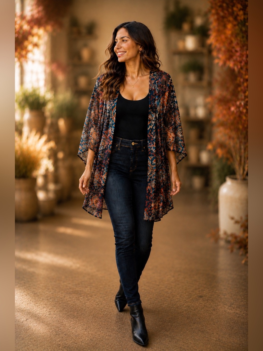 Sheer Paisley Kimono Cardigan Blue Rust Open Front Boho Layering | L
